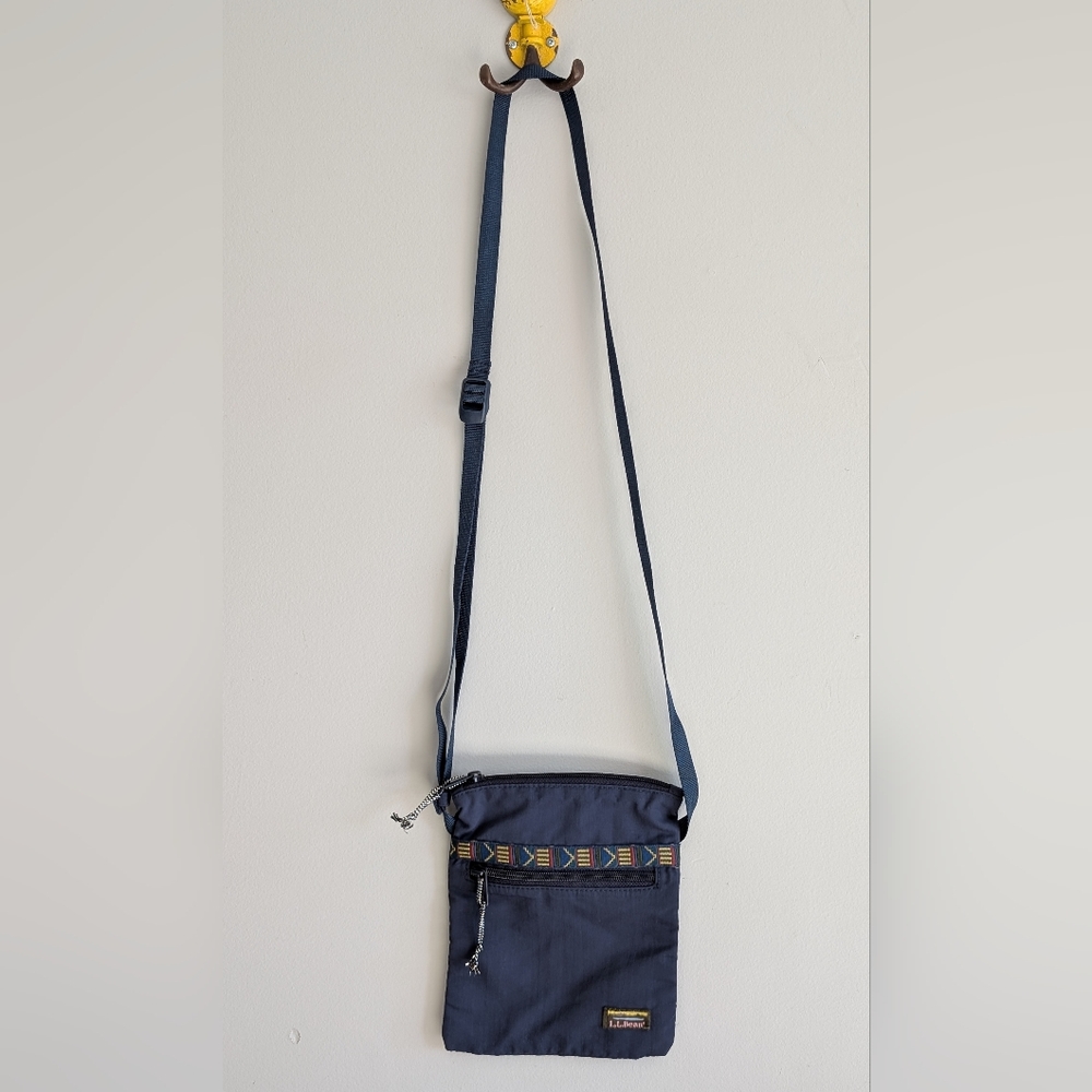 L.L. Bean Nylon Mini Crossbody Bag, Navy Blue w Aztec Pattern Trim